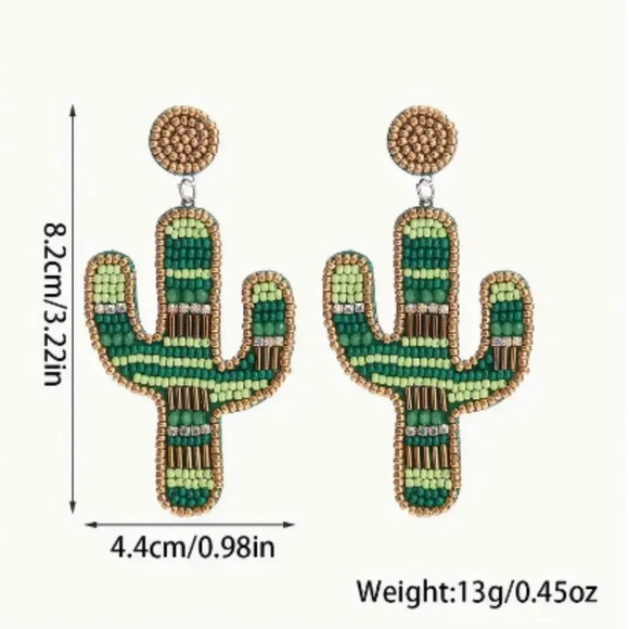 Green Cactus Beaded Dangle Earrings - Picture 3 of 3